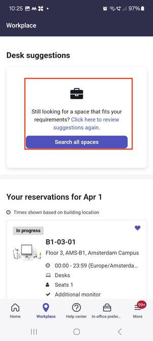Application showing option to search spaces on the reservation screen on the mobile to reserve a space.