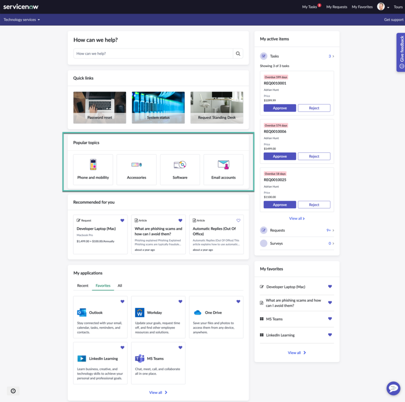 Employee Center home page displays Popular topics, Recommended for you, and other widgets which are part of the Unified taxonomy.