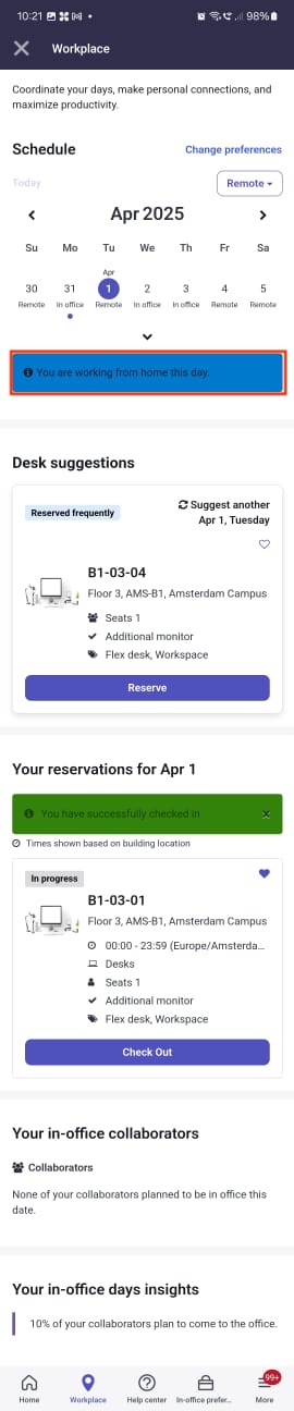 Workplace page showing remote working from home message.