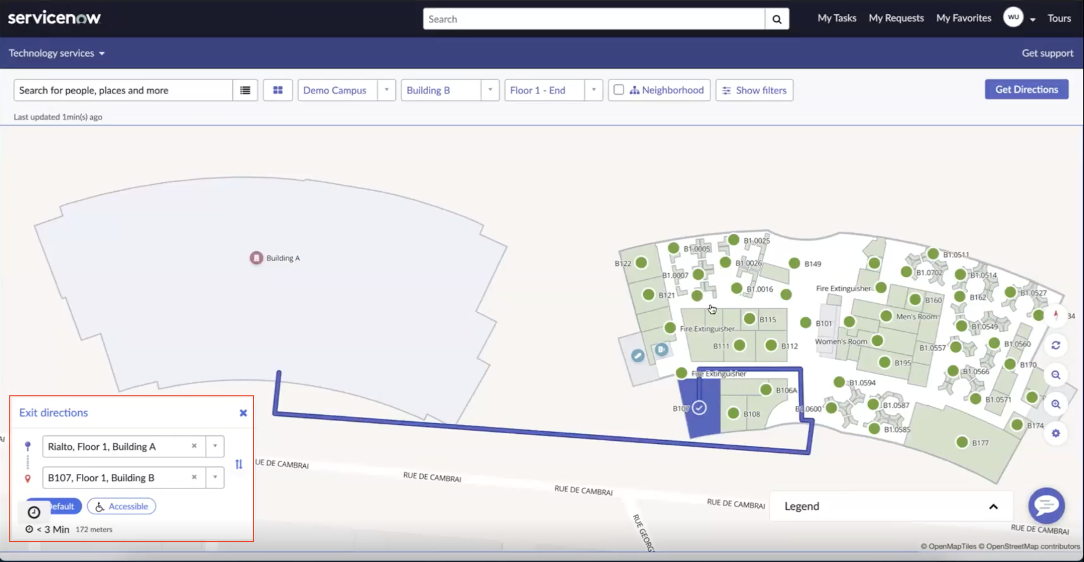 Map with pathway for wayfinding from one building to a different building.
