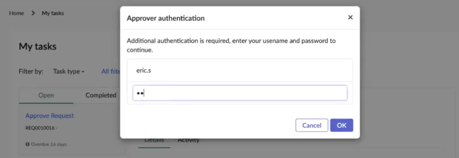 User credential authentication for approval.