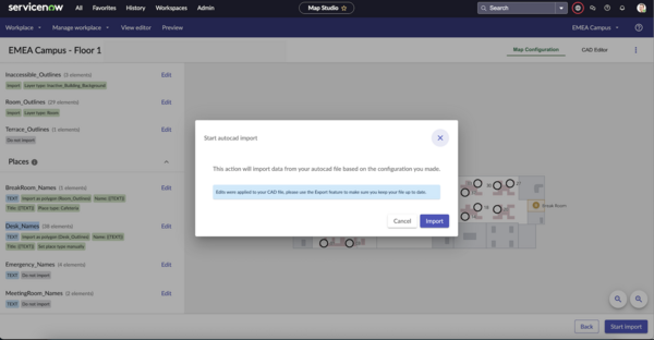 Autocad Configuration page showing message to export the CAD configuration changes and then import the changes in the Map Studio.