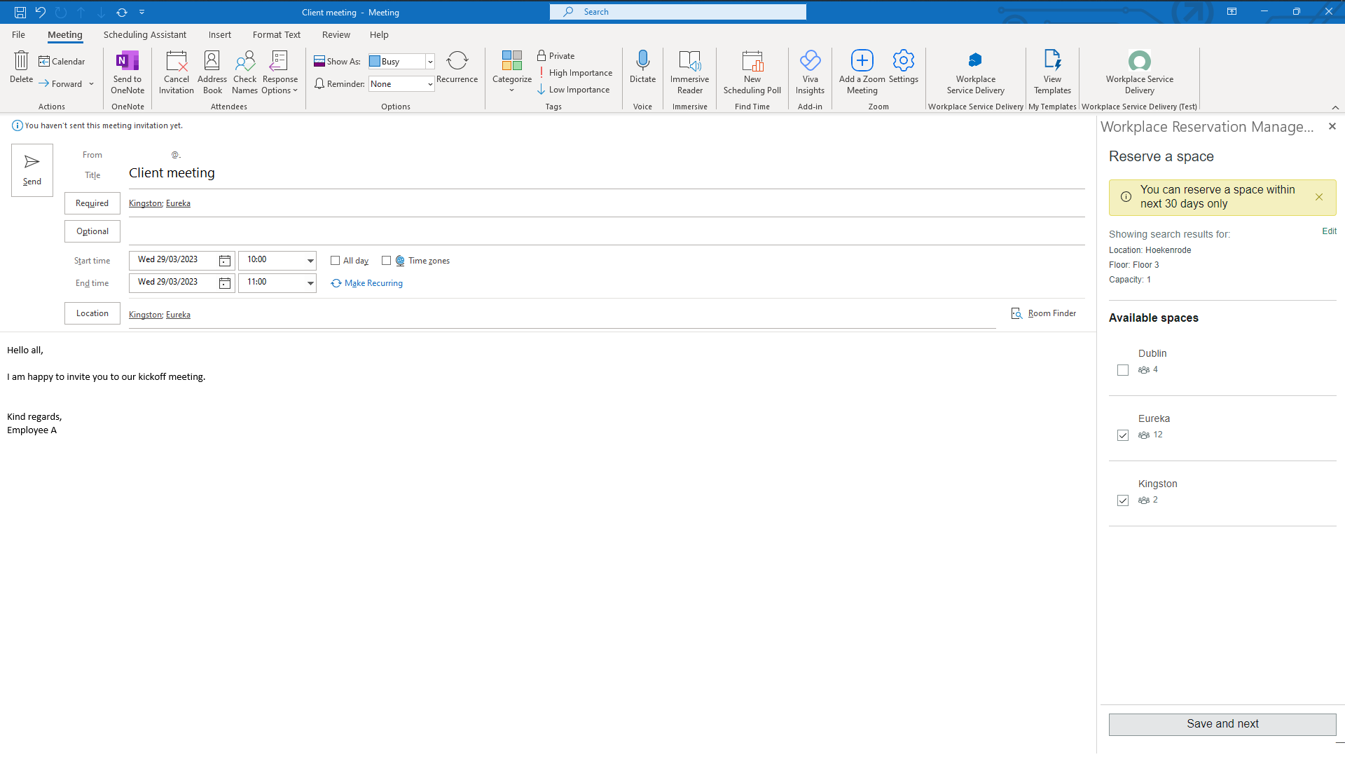 available spaces displayed by the add-in