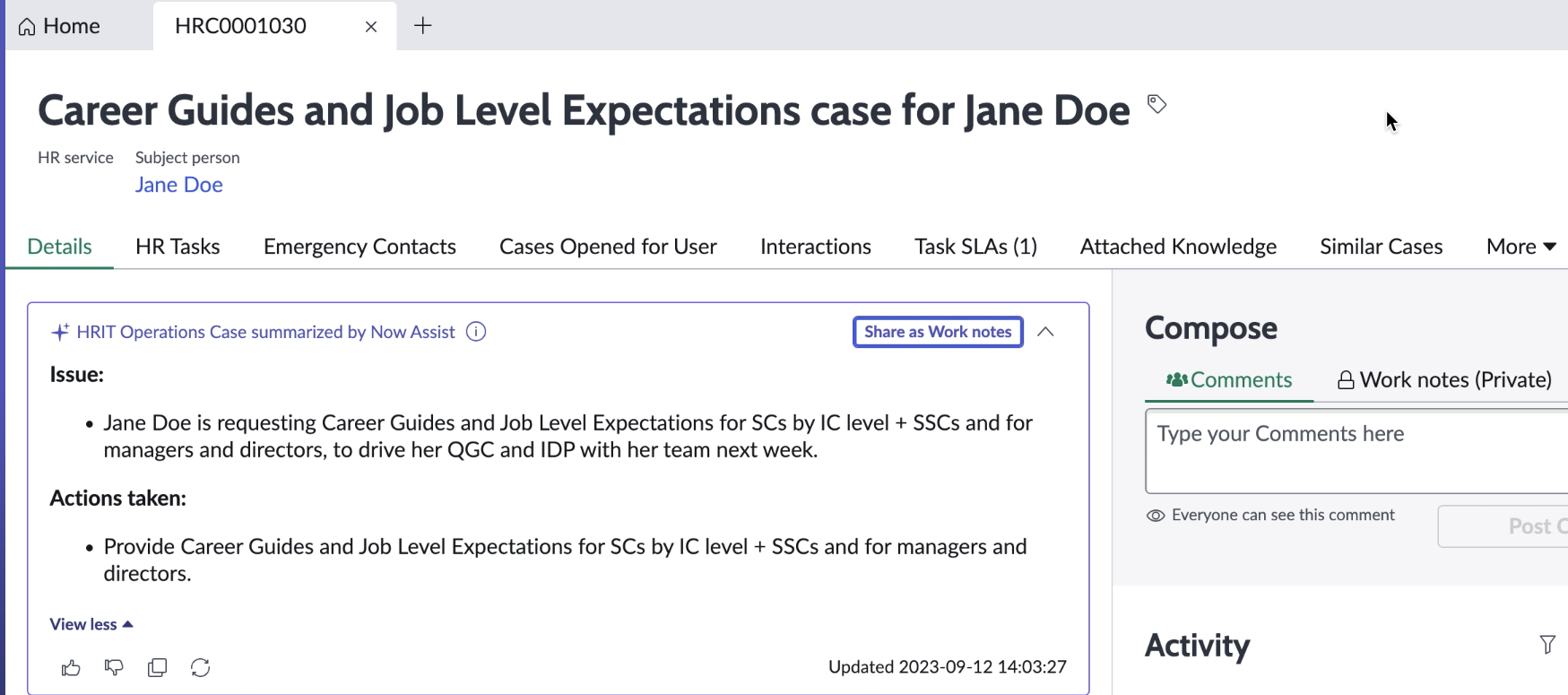 Case summary that is shown in Workspace. It lists the issue and actions taken.