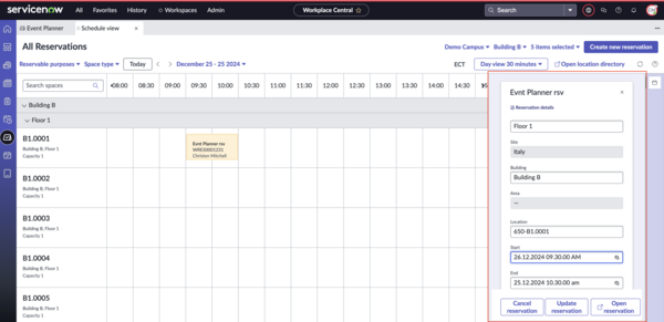 Update reservation contextual side-panel window to modify location, date, and time for a reservation.