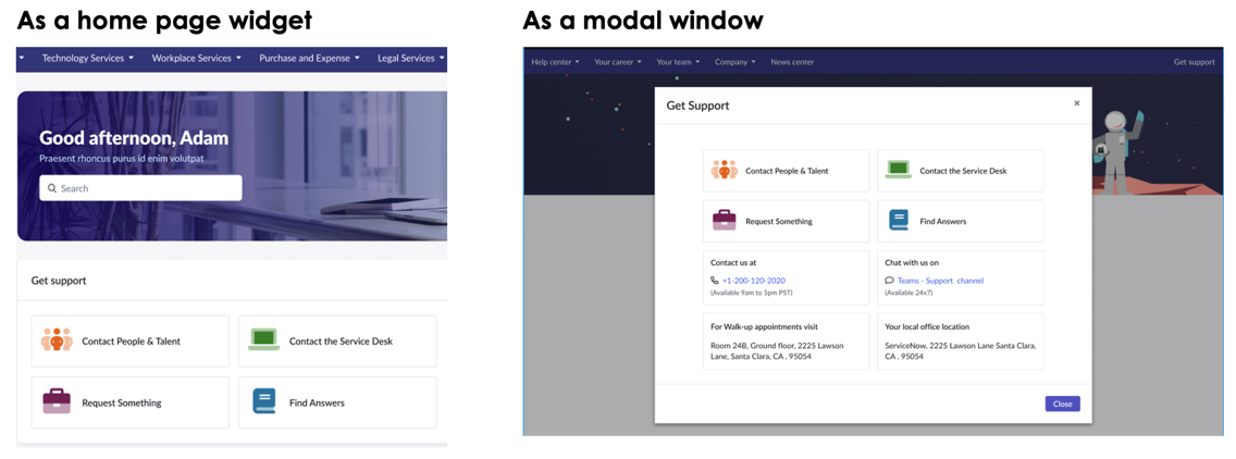 Get support on the homepage as a widget and modal window for reference purpose