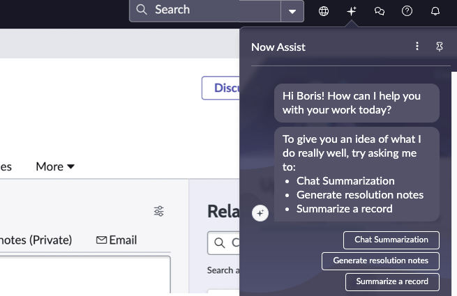 Now Assist panel menu in Workspace.