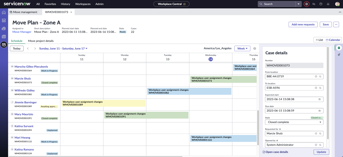 Move scheduler view of a move project.