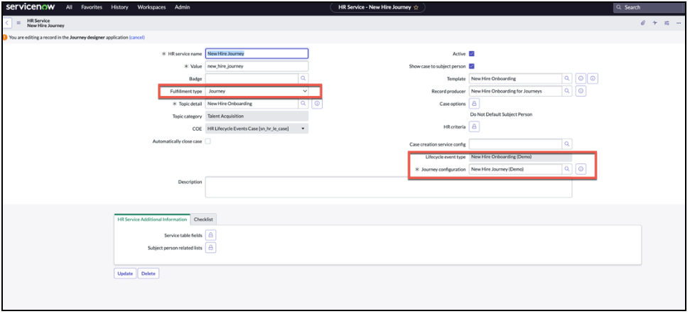 On the HR service form, set the Fulfillment type to Journey