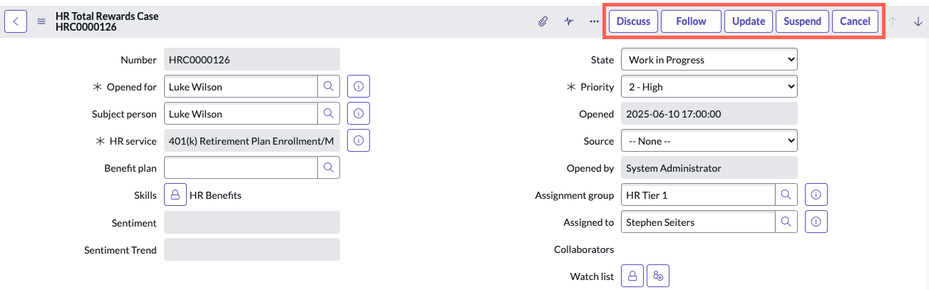 Menu buttons for HR case form.