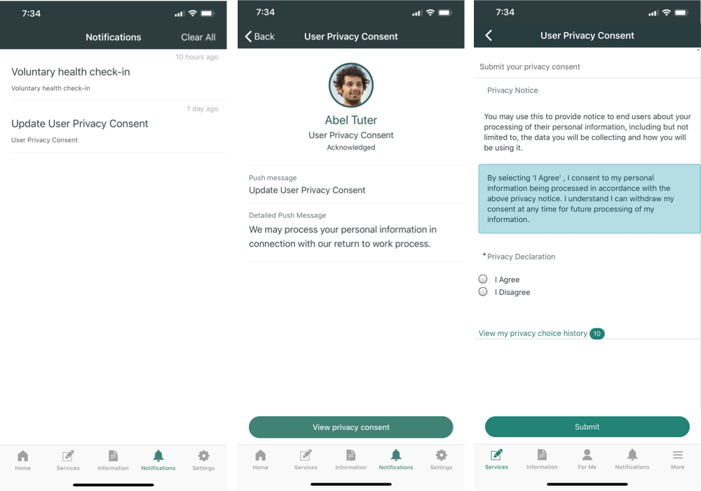 Screens displayed on the mobile app to submit a privacy consent.