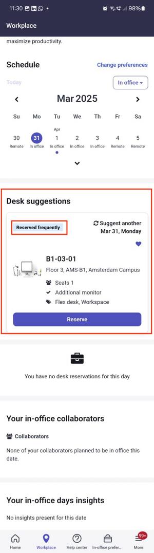 Desk suggestions showing preferred workspace that is reserved frequently and favorite workspace.