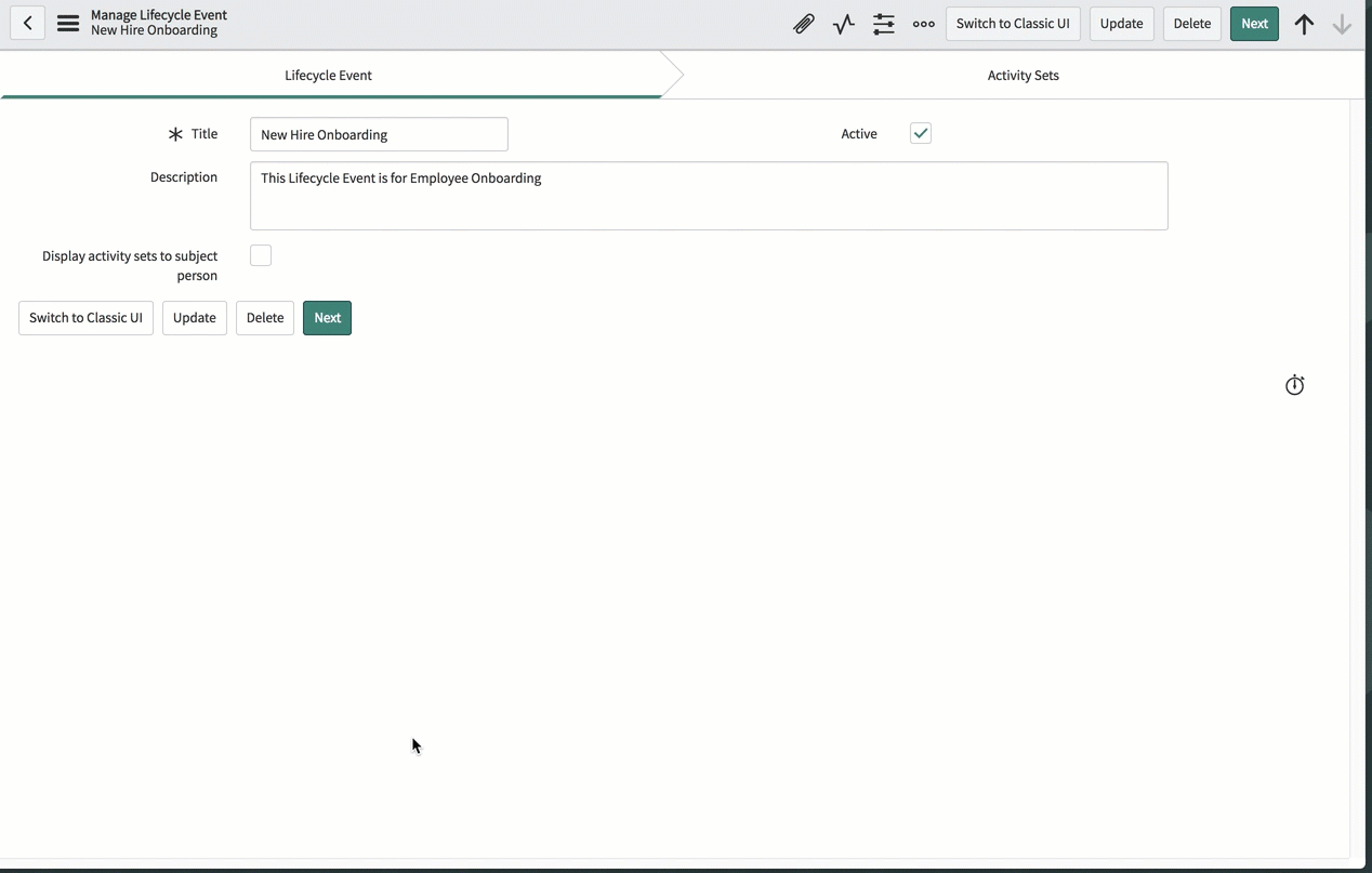 Click the Activity Sets tab to configure the activity sets and activities for the lifecycle event.