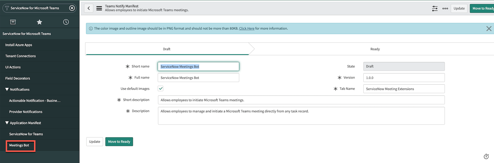 ServiceNow for Microsoft Teams manifest file.