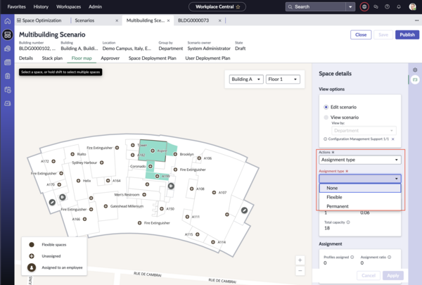 Edit scenario panel showing options to change workplace assignment type.