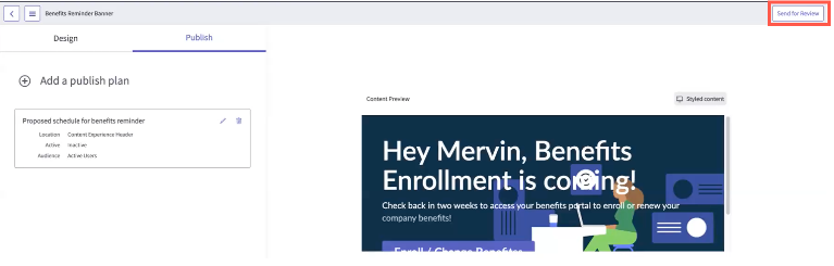 Content creators can send content for review from the Content Library interface