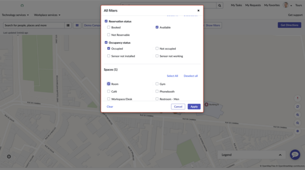 All filters panel showing space availability filters based on reservation status, occupancy status, and spaces space types.