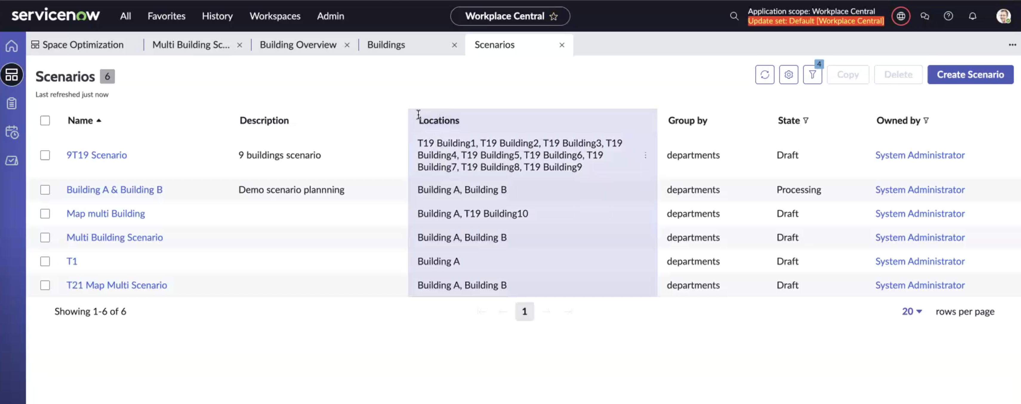 The Scenarios page showing list of scenarios.