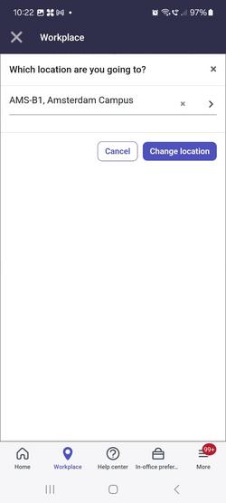 Option to select the default preferred location while visiting another office. You can search and select a new location.