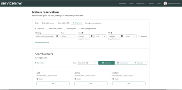 Make a reservation page showing automatically fetched search results.