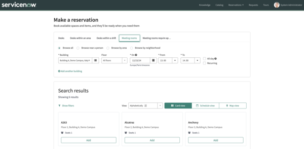 Make a reservation page showing the reservation Start date and time for a single day reservation with auto-search enabled.