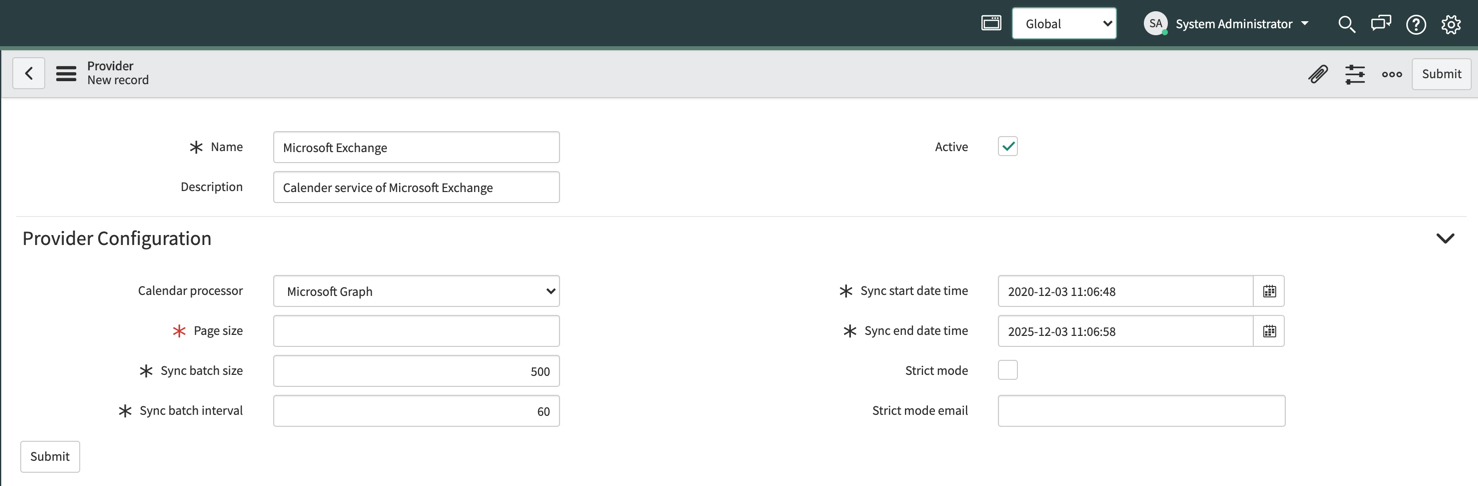 Calendar provider configuration form