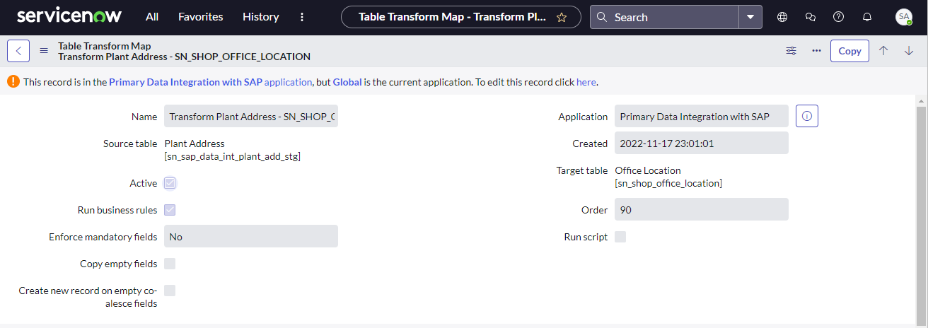 Transformationszuordnung für Werksadresse: SN_SHOP_OFFICE_LOCATION
