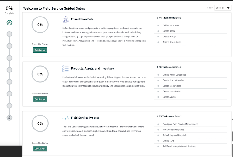 Interface da Configuração assistida do serviço de campo que contém a seção Dados de base, a seção Produtos, Ativos e Inventário, a seção Processo do serviço de campo e uma barra de andamento.