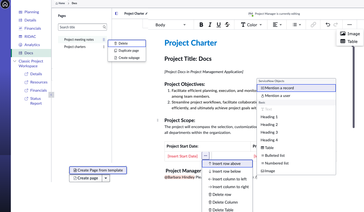 Docs page in project workspace.