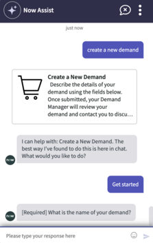 Basic prompt to create a demand using Virtual Agent chat in the Employee Center.