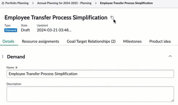 Add tags to a planning item from the details page.