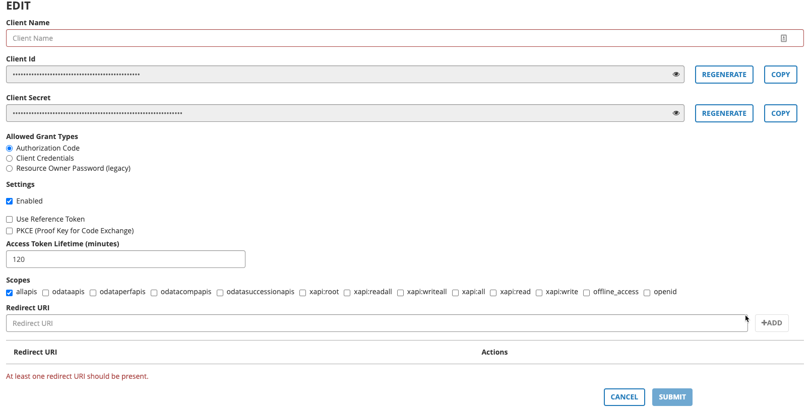 SumTotal OAuth 클라이언트 설정 페이지입니다.