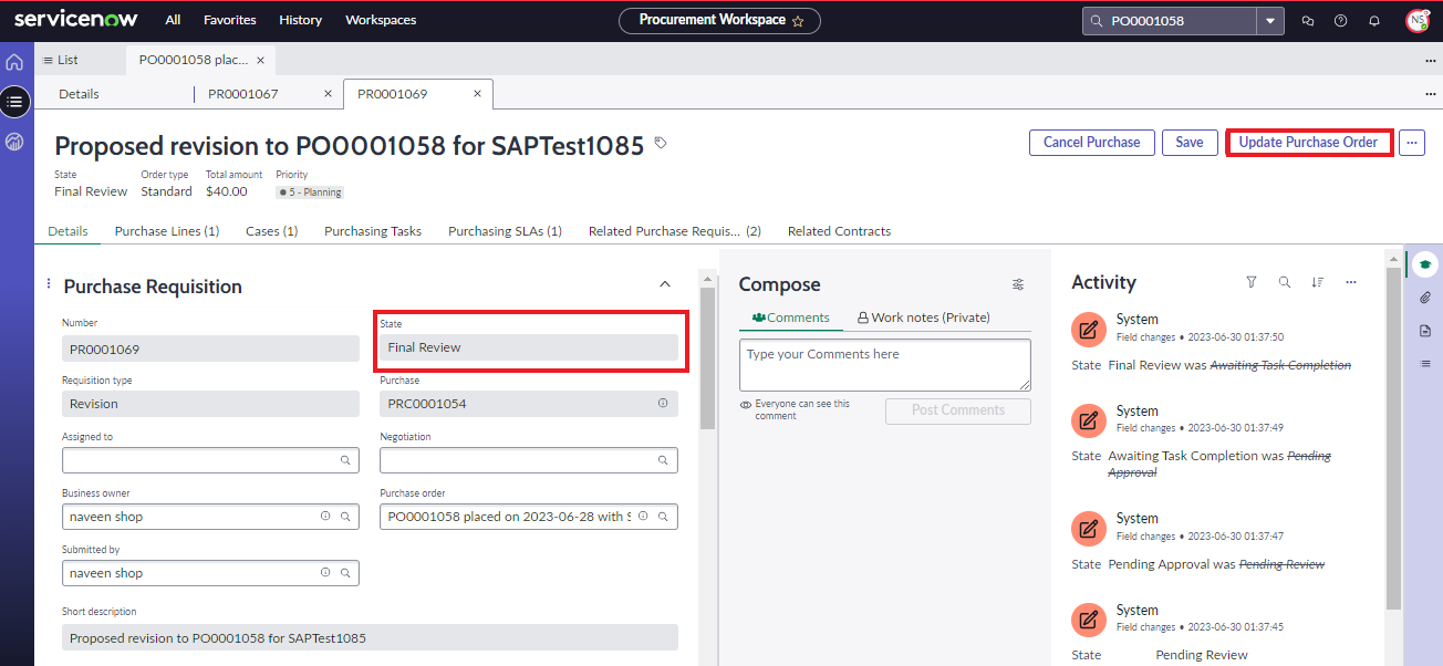 Details tab for Purchase Requisition