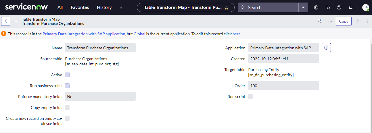 Transform Map for Purchase Organizations