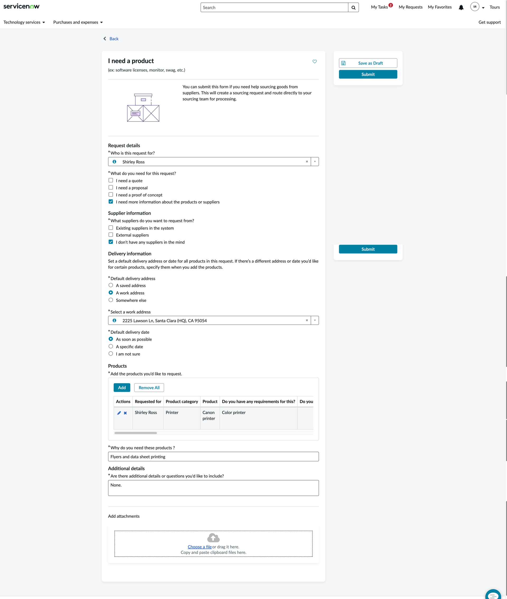 Filling the product details to create a sourcing request.