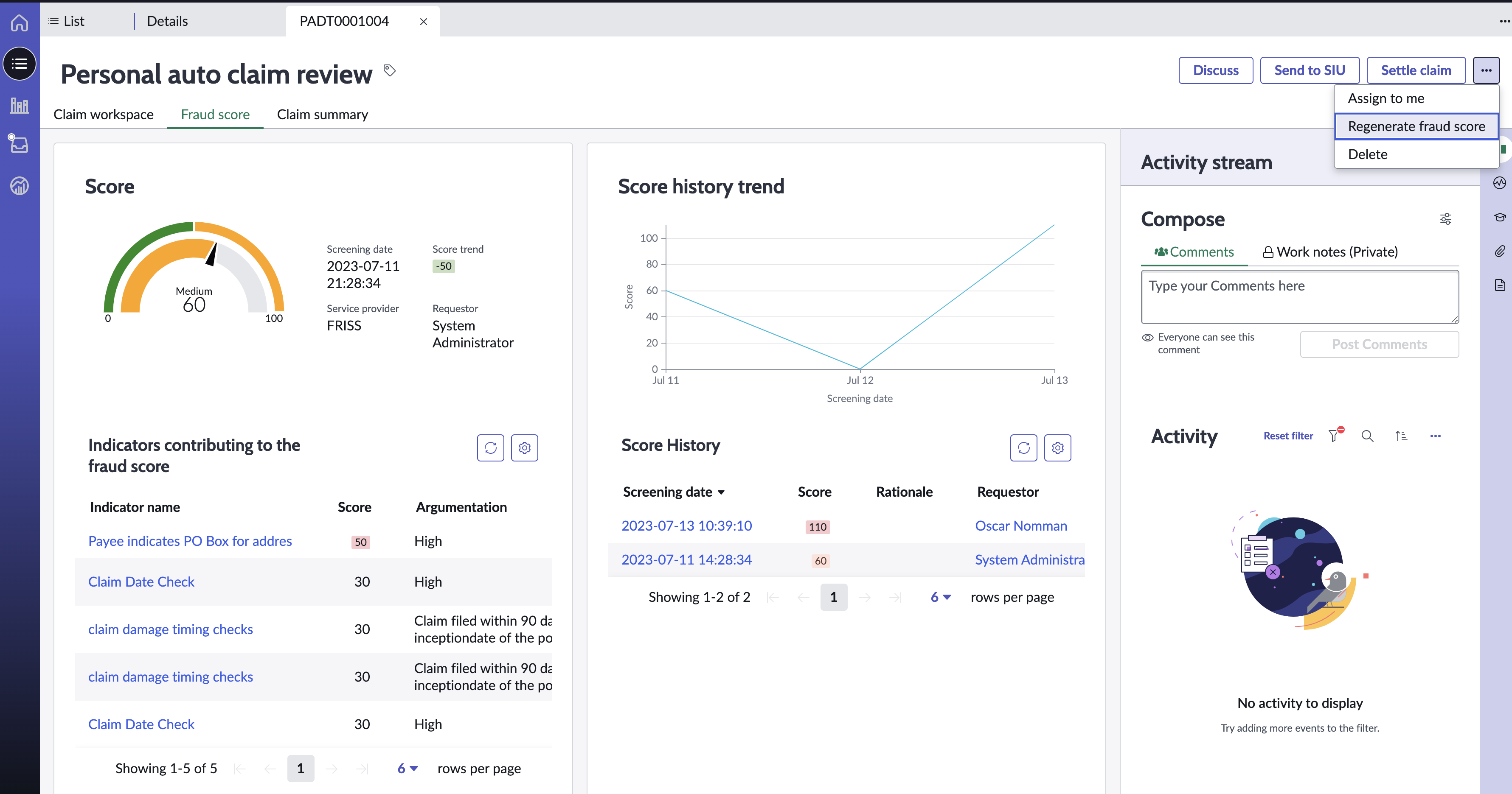 Fraud score information in the Adjuster Workspace showing Score gauge, indicators, score history trend chart and history.