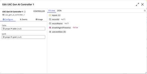 Le modal Modifier le composant avec les champs Table et sys_id avec des données liées
