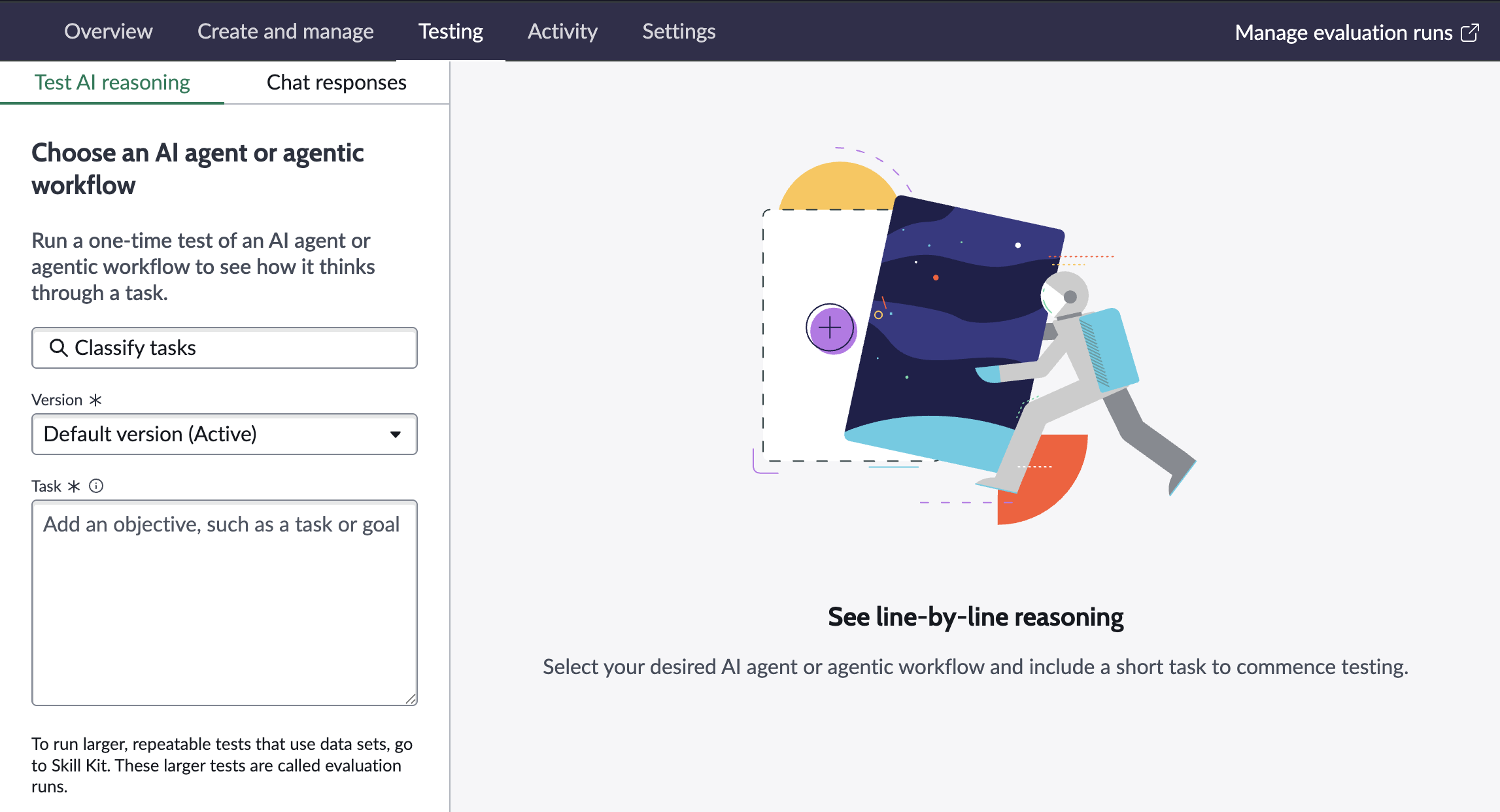 Sélection d’un agent IA pour le test dans Studio d'agents IA.