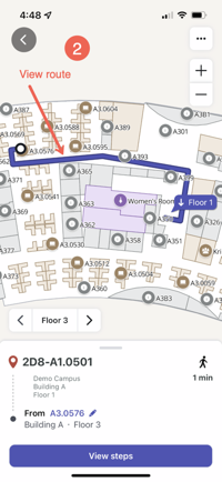 exibição da rota no primeiro andar a partir do local de partida em um mapa de orientação interna móvel