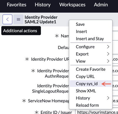 Menu de clique com o botão direito do mouse mostrando a opção para copiar o sys_id do IdP.