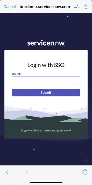 Página de login do SSO da ServiceNow na tela do aplicativo para celular.