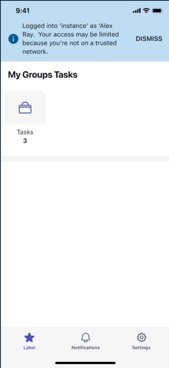 Baner notificando o usuário de que seu acesso pode estar limitado porque ele não está em uma rede confiável.