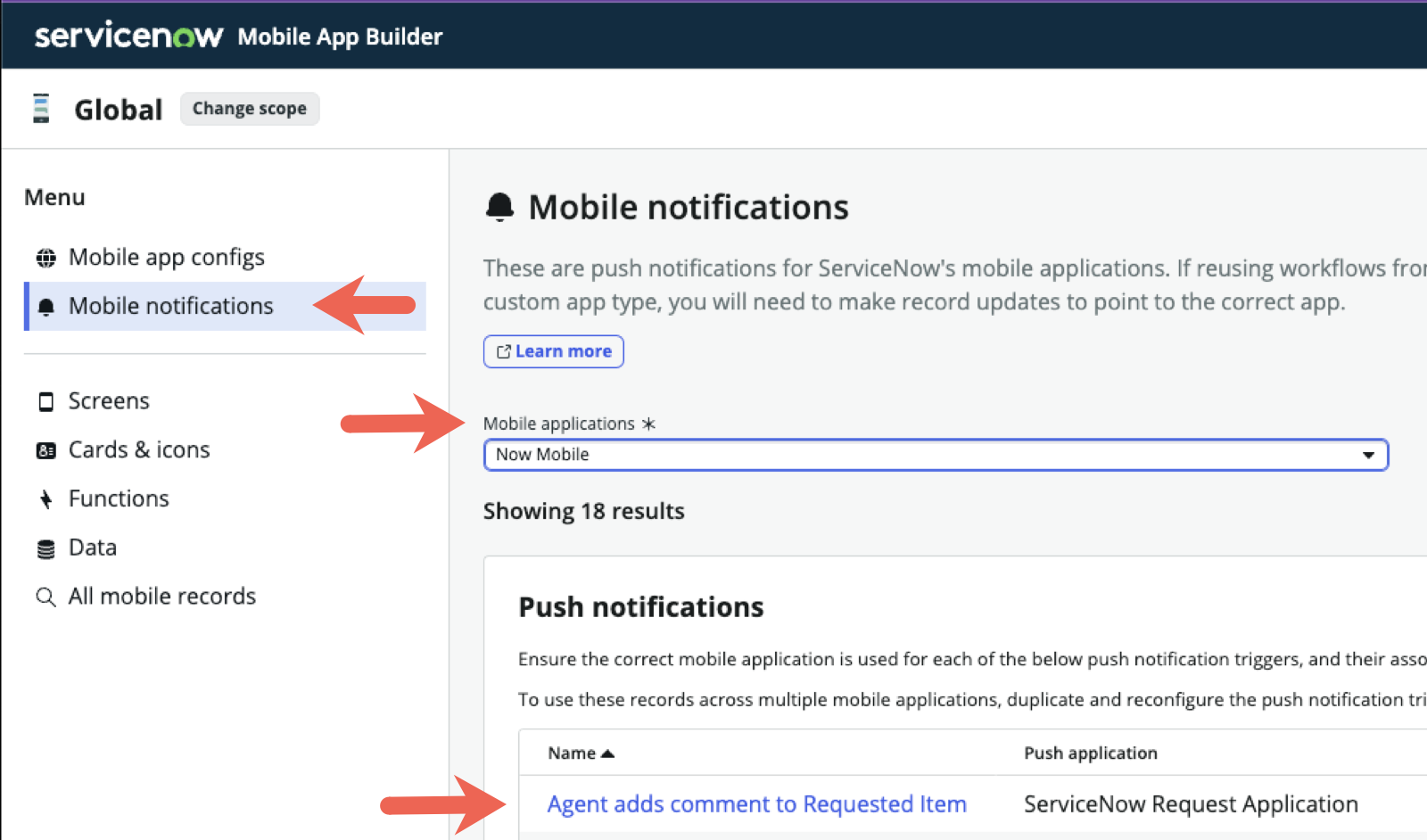A IU do Construtor de apps para celular mostrando que a notificação por push reutilizada foi adicionada ao novo aplicativo.