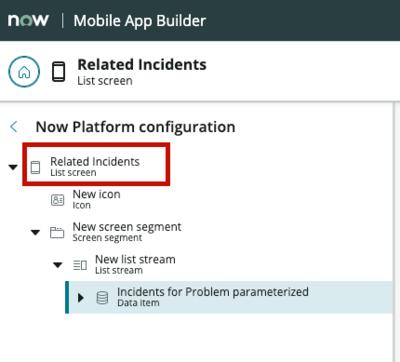 Árvore de configuração do Construtor de apps para celular com tela realçada