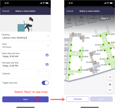 Mostra como a entrada do mapa personalizado é exibida em um aplicativo para celular em que você seleciona "Avançar" para exibir o mapa.