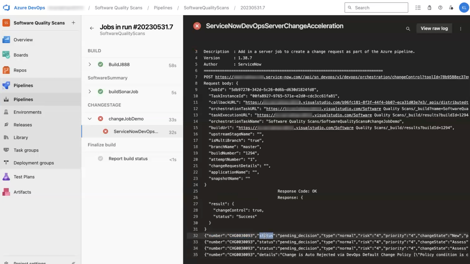 Changez l’état dans les journaux de la console de pipeline Azure DevOps.