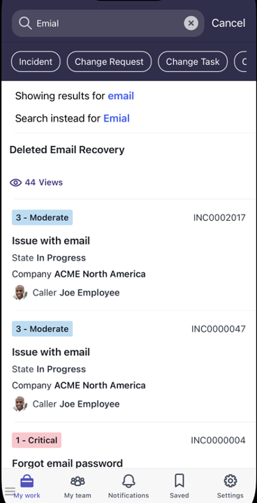 Capture d’écran d'Agent mobile ITSM