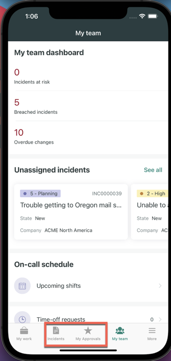 Capture d'écran des lanceurs d'applet déconseillés pour les incidents et les approbations