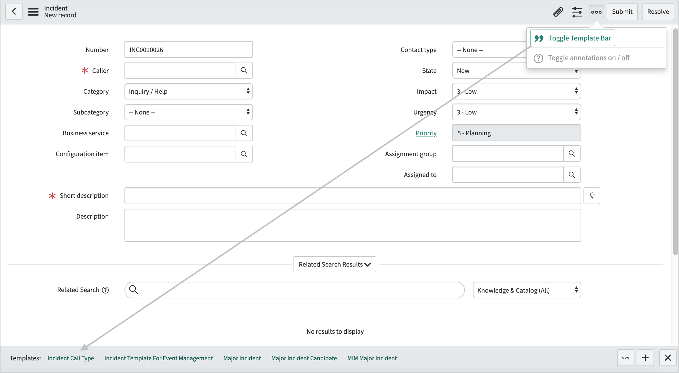 Barre de modèle dans le formulaire Incident