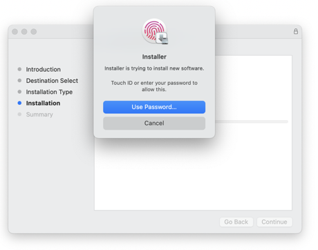 Fenêtre d'authentification par mot de passe permettant au programme d'installation d'installer la nouvelle application.